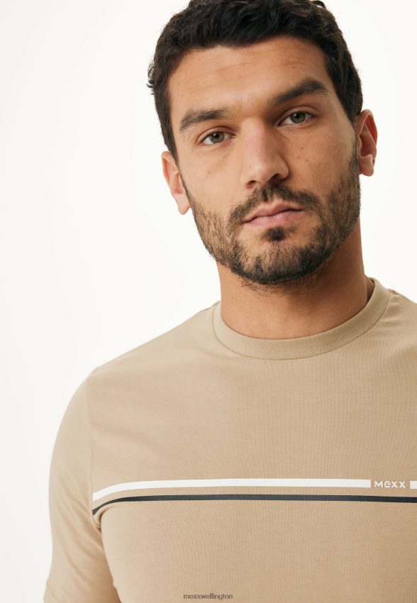 Men Mexx Beige Short Sleeve T-shirt Stripe Chest Print Sand 2B480T475