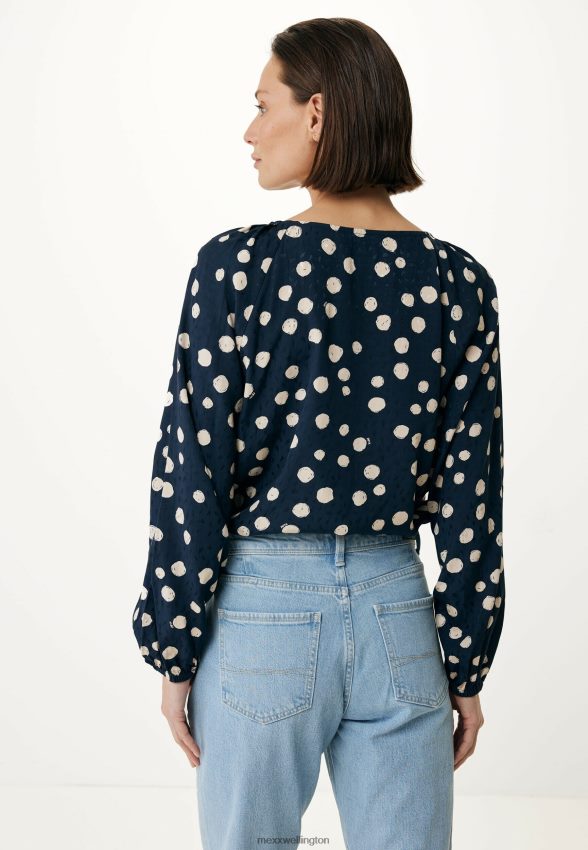 Women Mexx Blue Blouse Round Pleated Neckline Navy 2B480T62