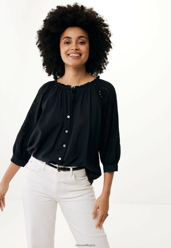 Women Mexx Schwarz Blouse Broidery Sleeves Black 2B480T85