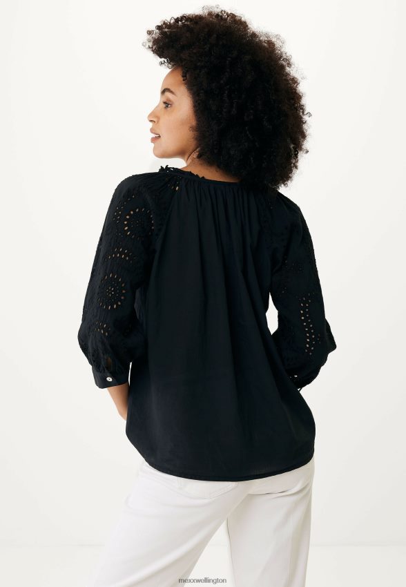 Women Mexx Schwarz Blouse Broidery Sleeves Black 2B480T85