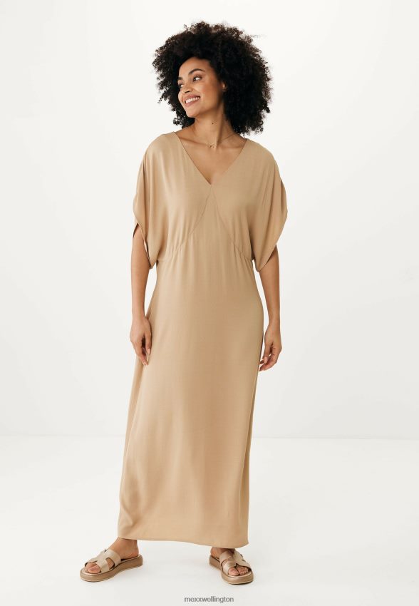 Women Mexx Beige Long V-neck Dress Sleeve Sand 2B480T29