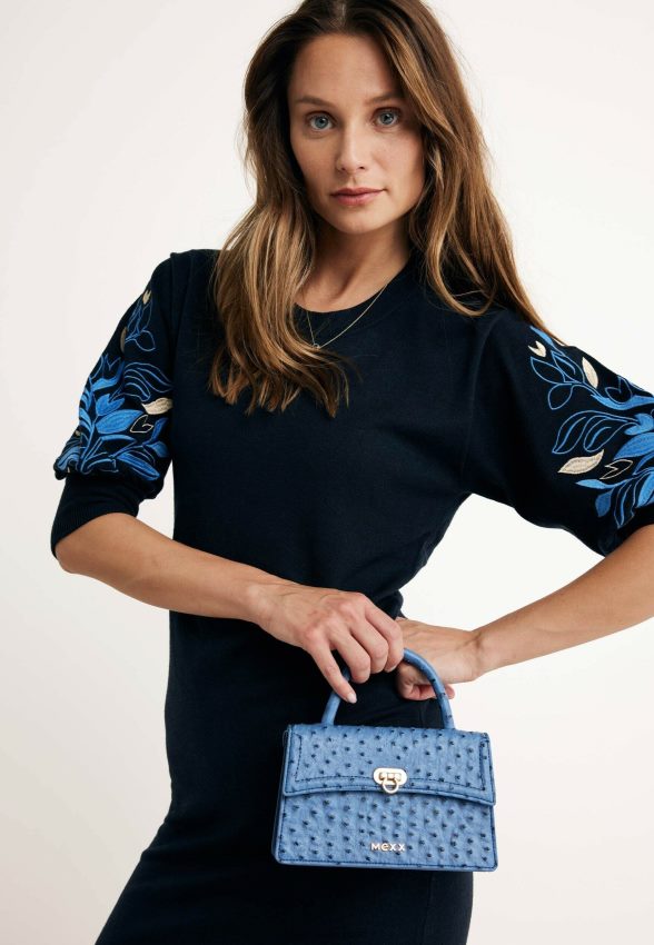 Women Mexx Blue Knitted Dress Embroidered Sleeves Navy 2B480T101