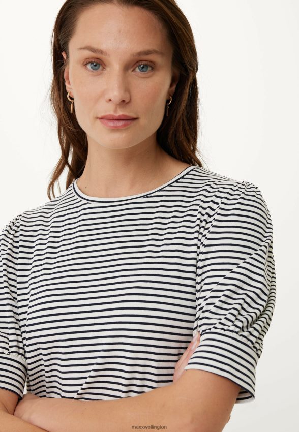 Women Mexx Blue Striped Puff Sleeve Tee Navy 2B480T10