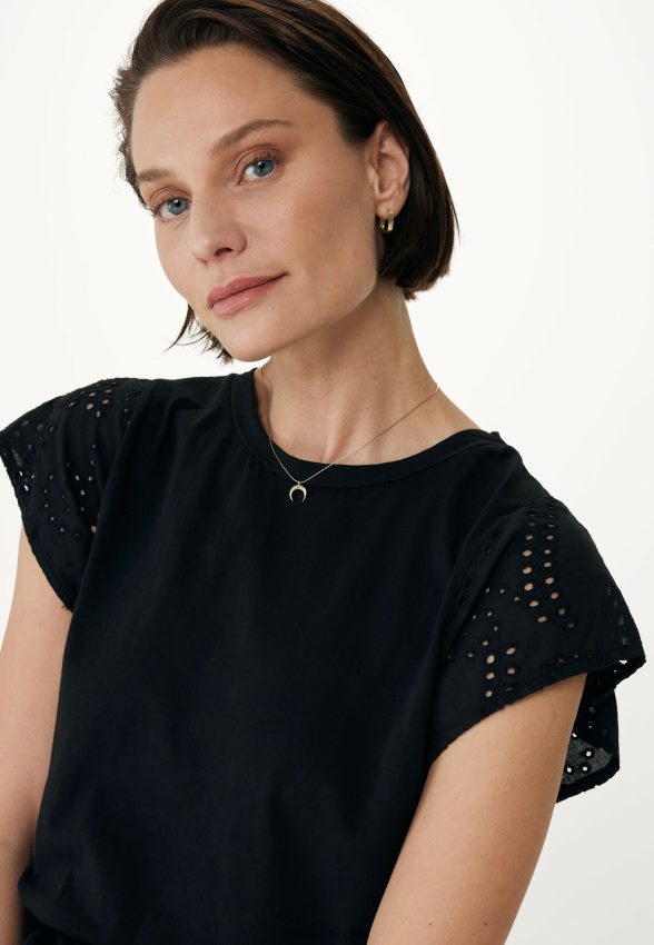 Women Mexx Beige Top Broidery Sleeves Black 2B480T15