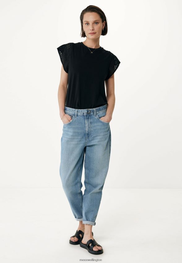 Women Mexx Beige Top Broidery Sleeves Black 2B480T15