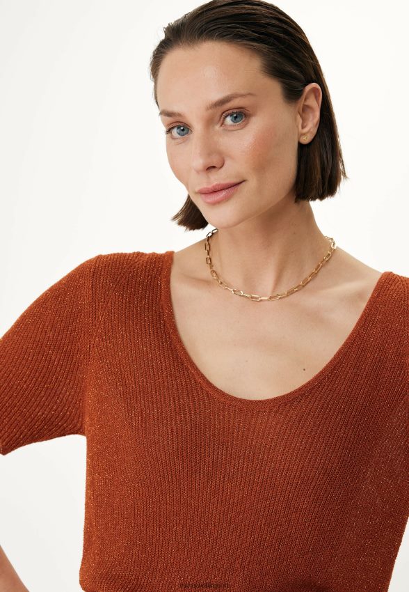 Women Mexx Orange Knitted Half Sleeve Top Brick 2B480T77
